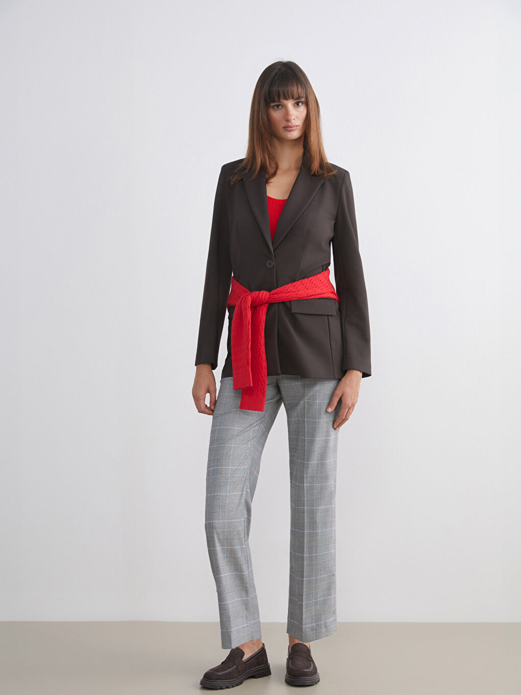 Siyah Dar Fit Ekose Kadın Pantolon