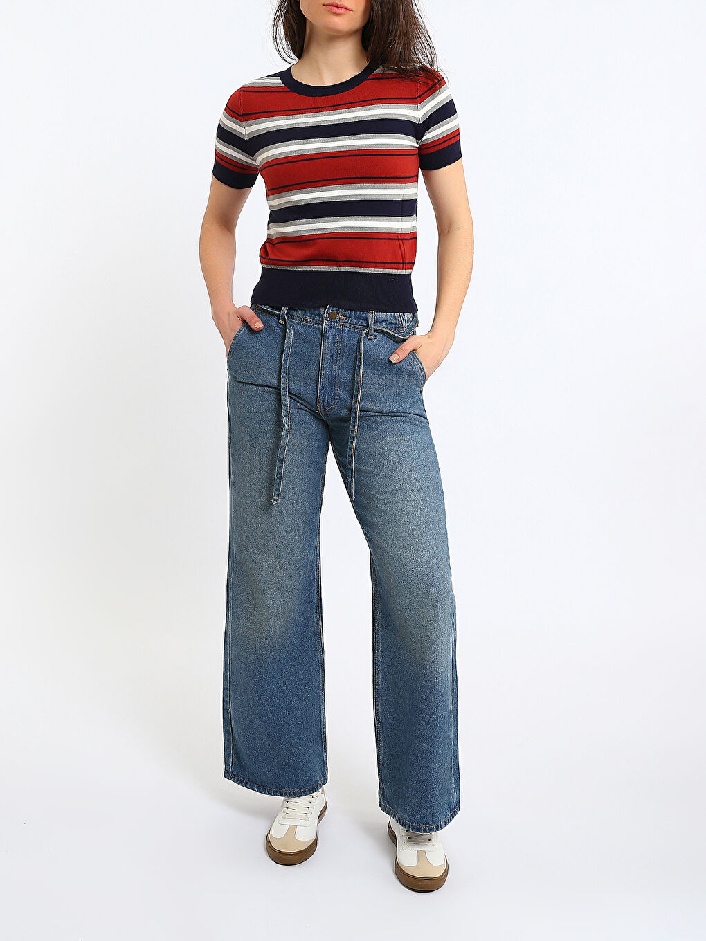 Neck Short Sleeve Knitted Sweater Women-1