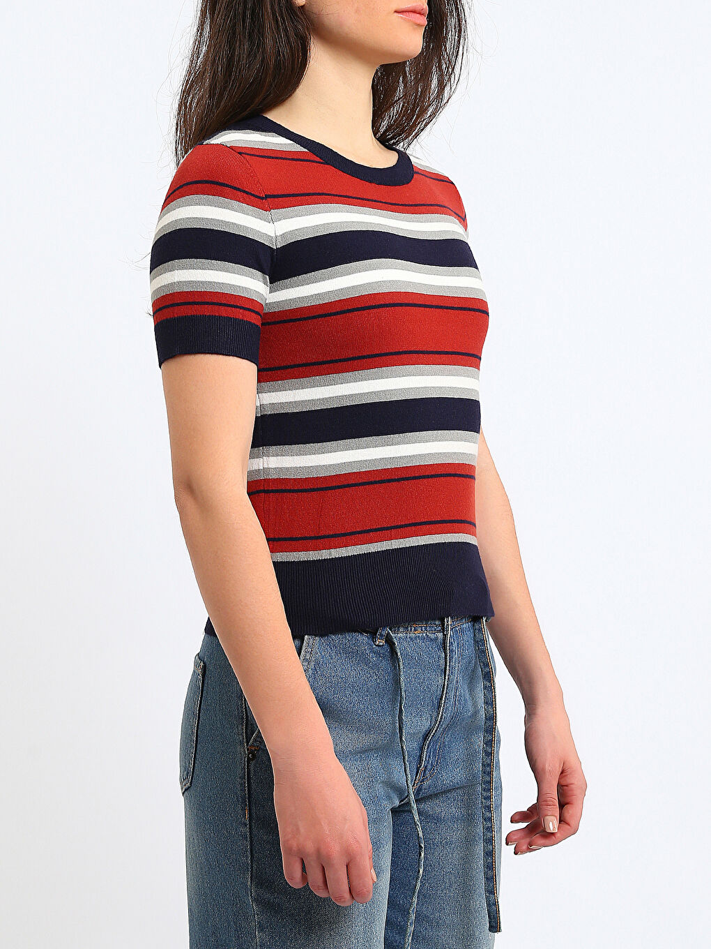 Neck Short Sleeve Knitted Sweater Women-3