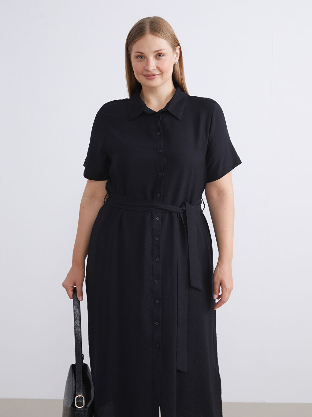 Siyah Beli Kuşaklı Gömlek Elbise-5