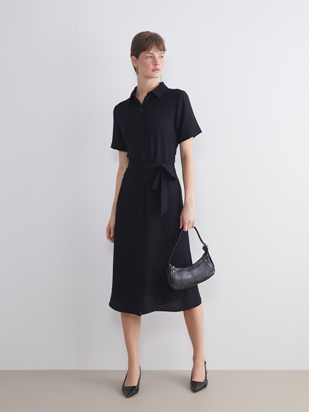 Siyah Beli Kuşaklı Gömlek Elbise-2