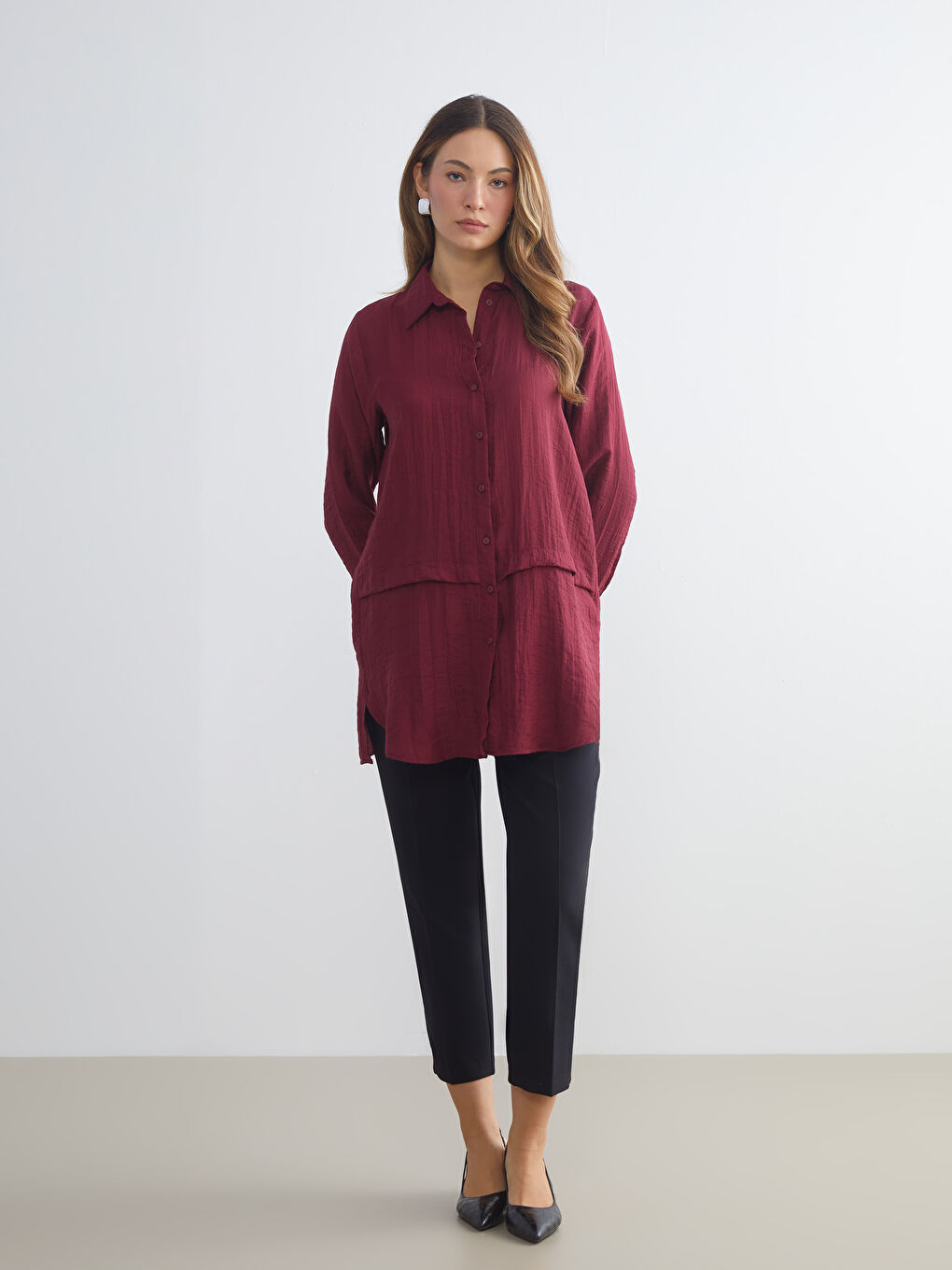 Bordo Dokulu Kadın Gömlek Tunik-2