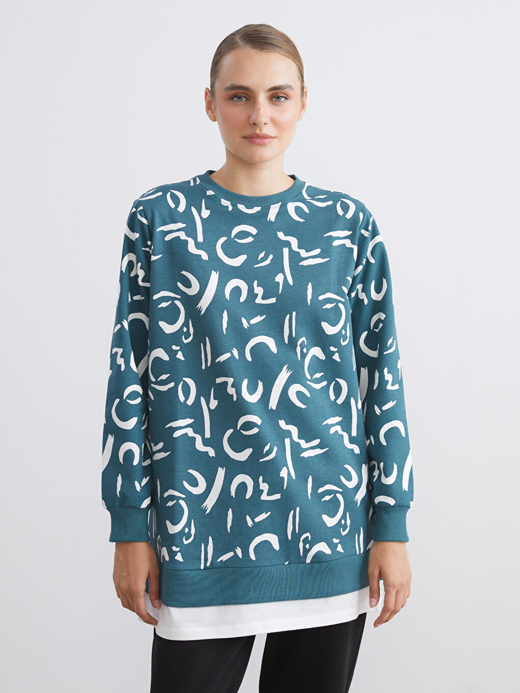 Petrol Bisiklet Yaka Desenli Kadın Sweatshirt Tunik