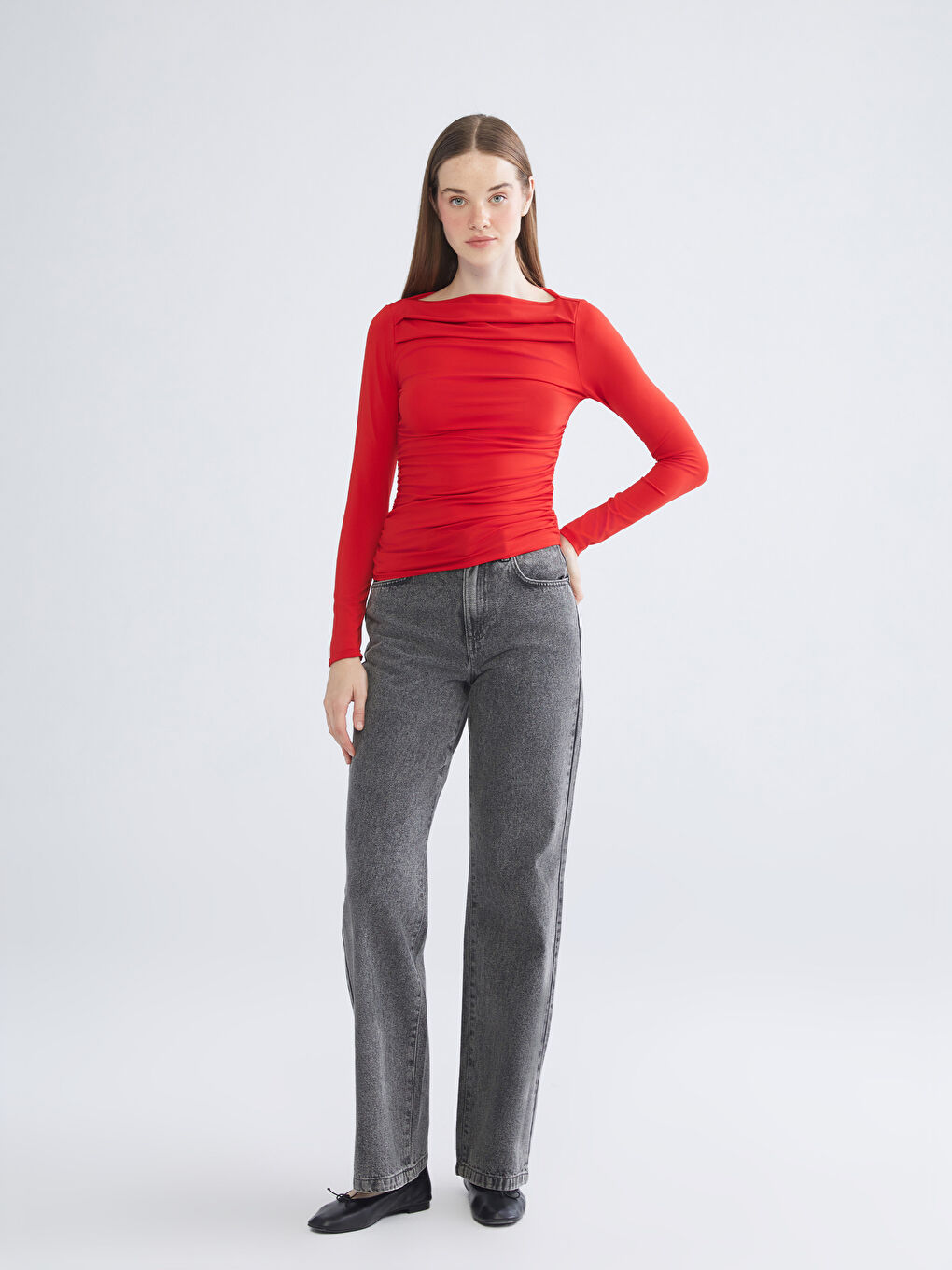 Schulterfreier Ausschnitt Raffung Bluse-1