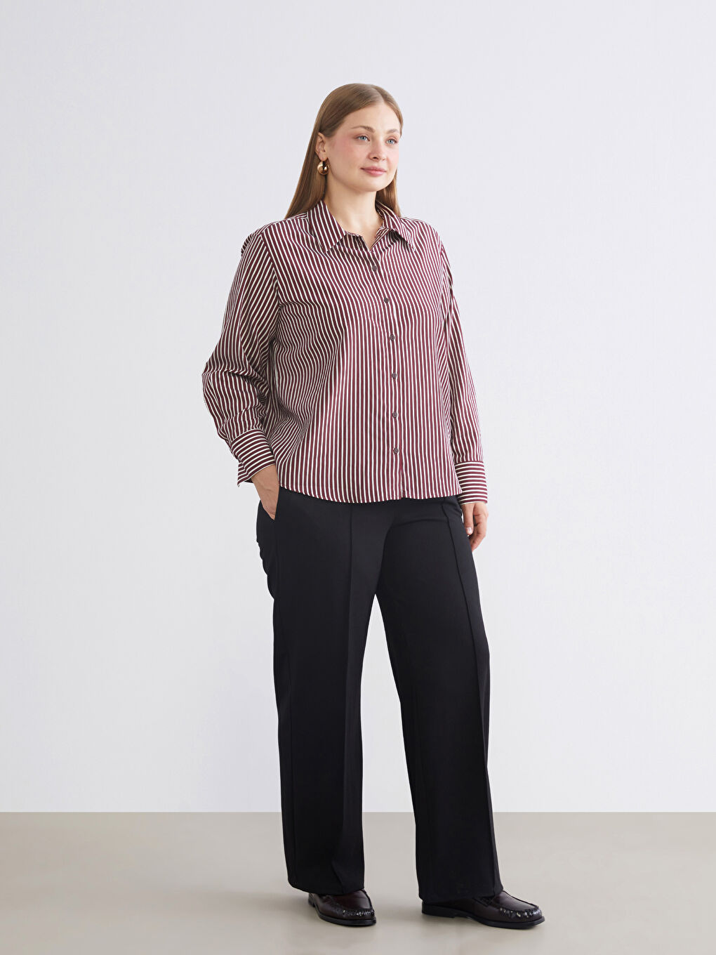 Kırmızı Büyük Beden Çizgili Oversize Poplin Kadın Gömlek-7