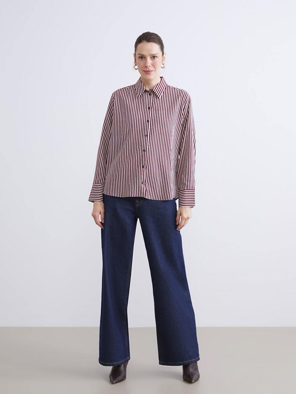 Kırmızı Büyük Beden Çizgili Oversize Poplin Kadın Gömlek-3