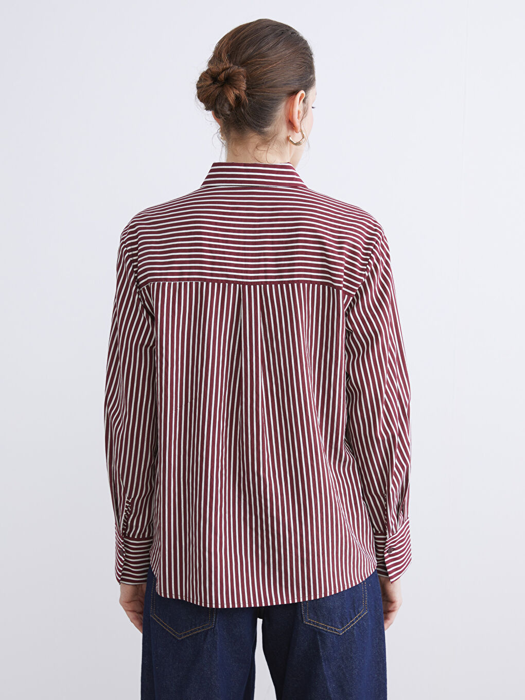 Kırmızı Büyük Beden Çizgili Oversize Poplin Kadın Gömlek-5