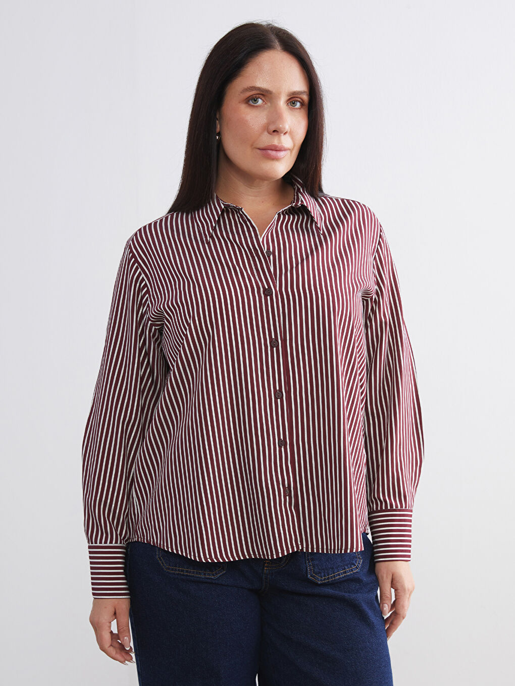 Kırmızı Büyük Beden Çizgili Oversize Poplin Kadın Gömlek-2