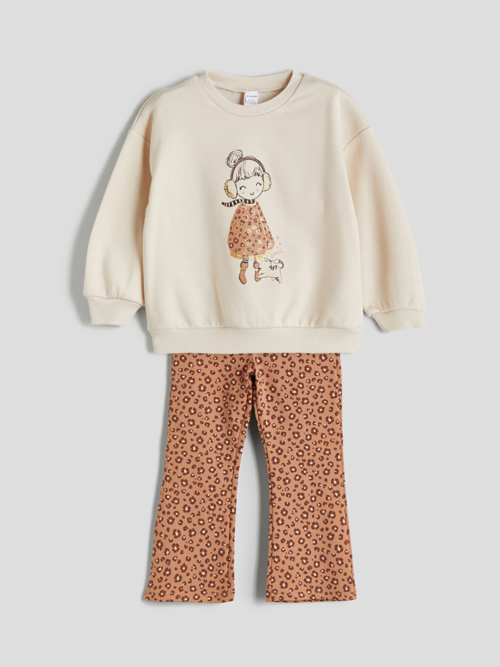 Bej Bisiklet Yaka Kız Çocuk Sweatshirt ve Tayt