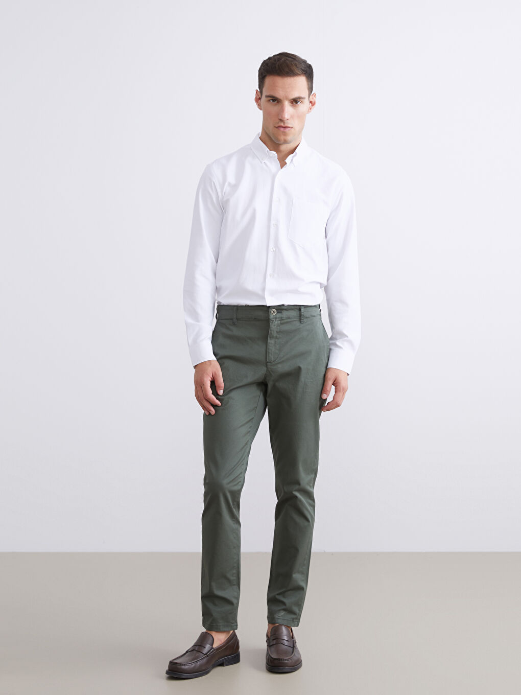 Haki Dar Kalıp Erkek Chino Pantolon-1