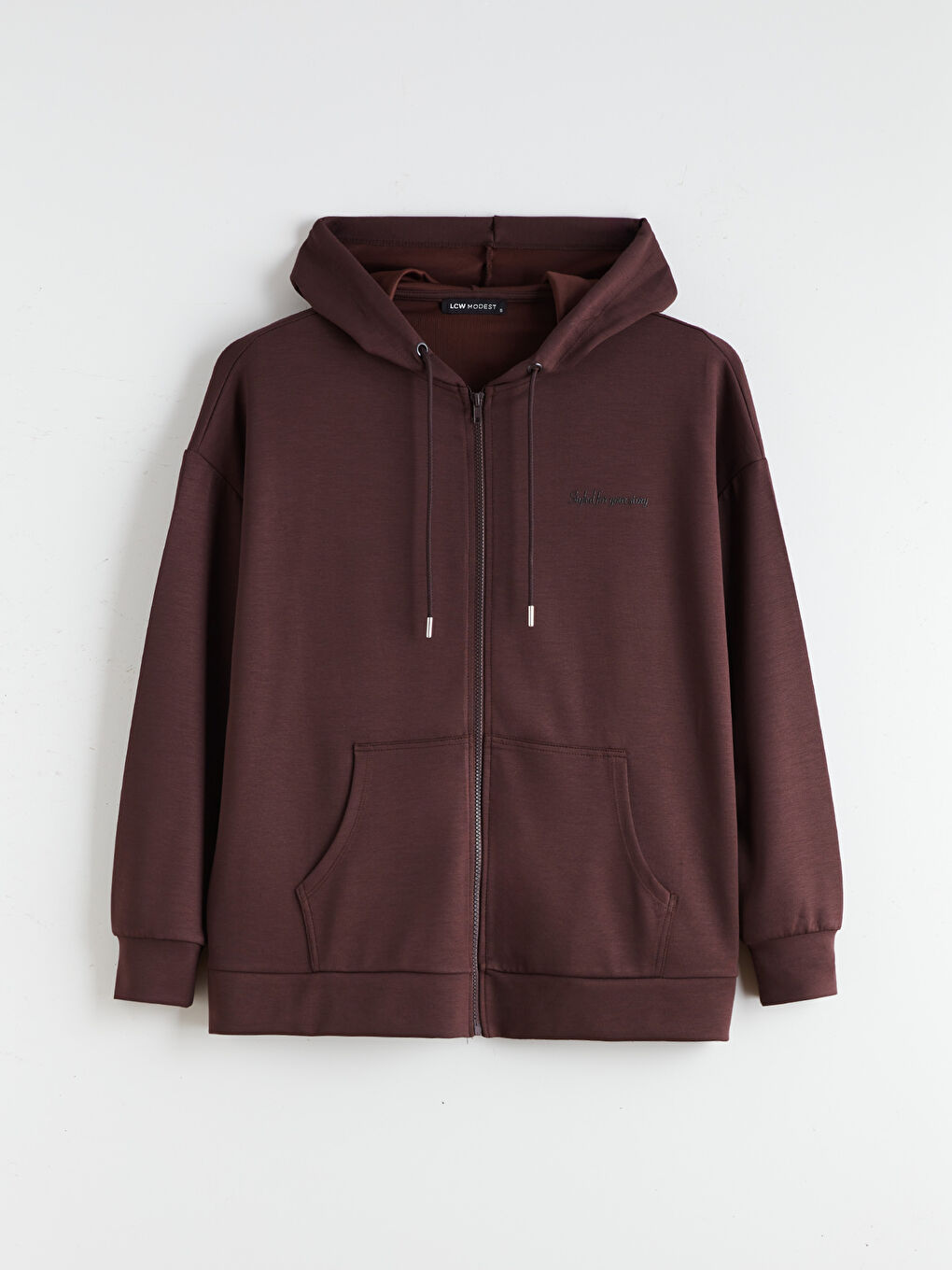 Kahverengi Kapüşonlu Oversize Kadın Fermuarlı Sweatshirt-4