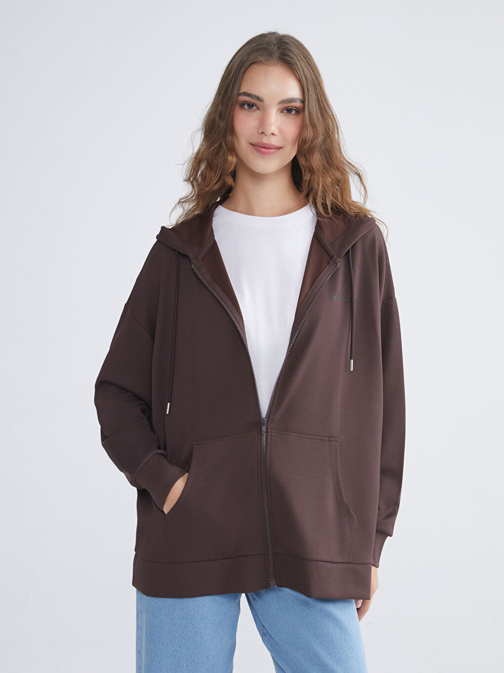 Kahverengi Kapüşonlu Oversize Kadın Fermuarlı Sweatshirt