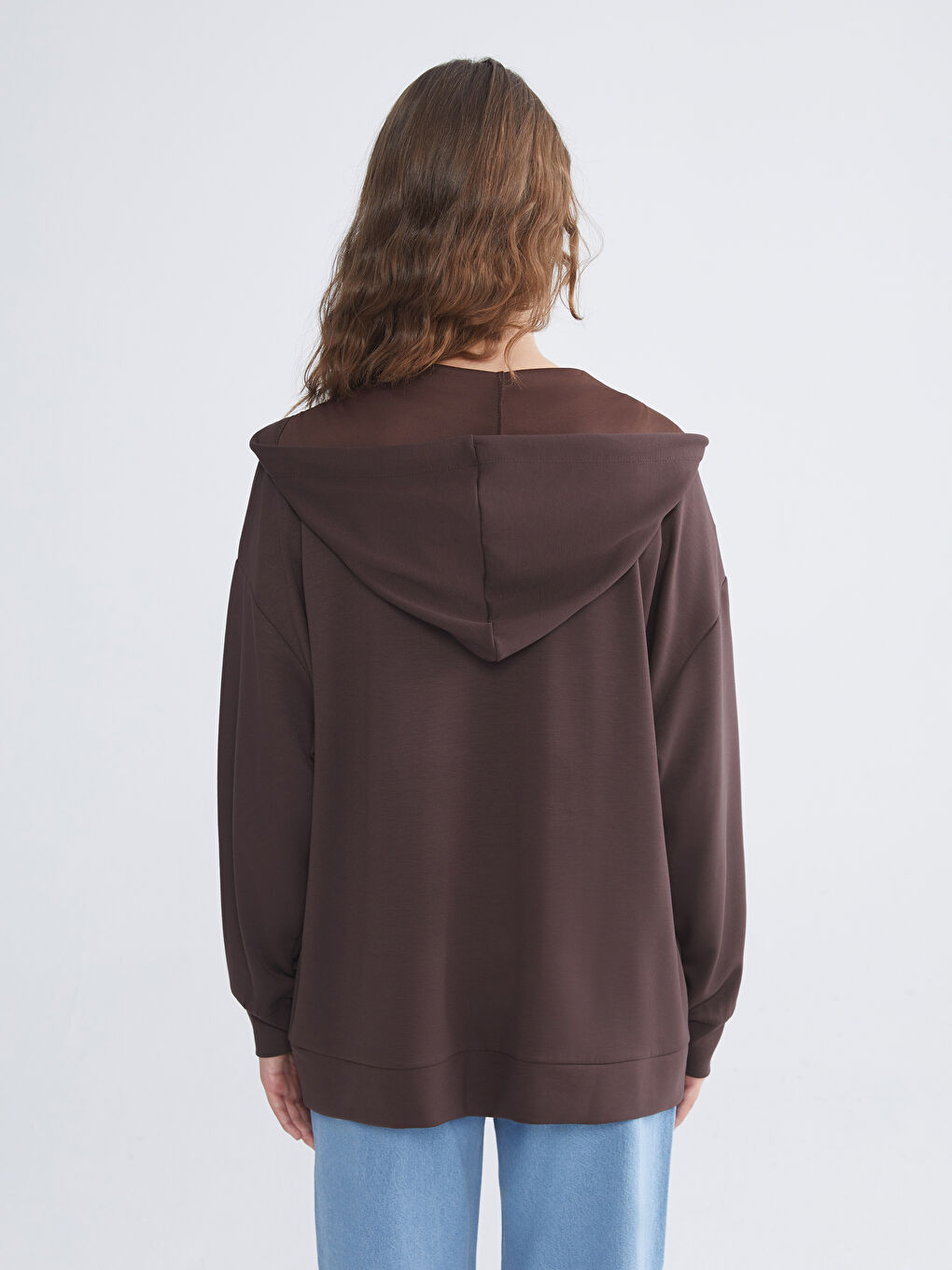 Kahverengi Kapüşonlu Oversize Kadın Fermuarlı Sweatshirt-3