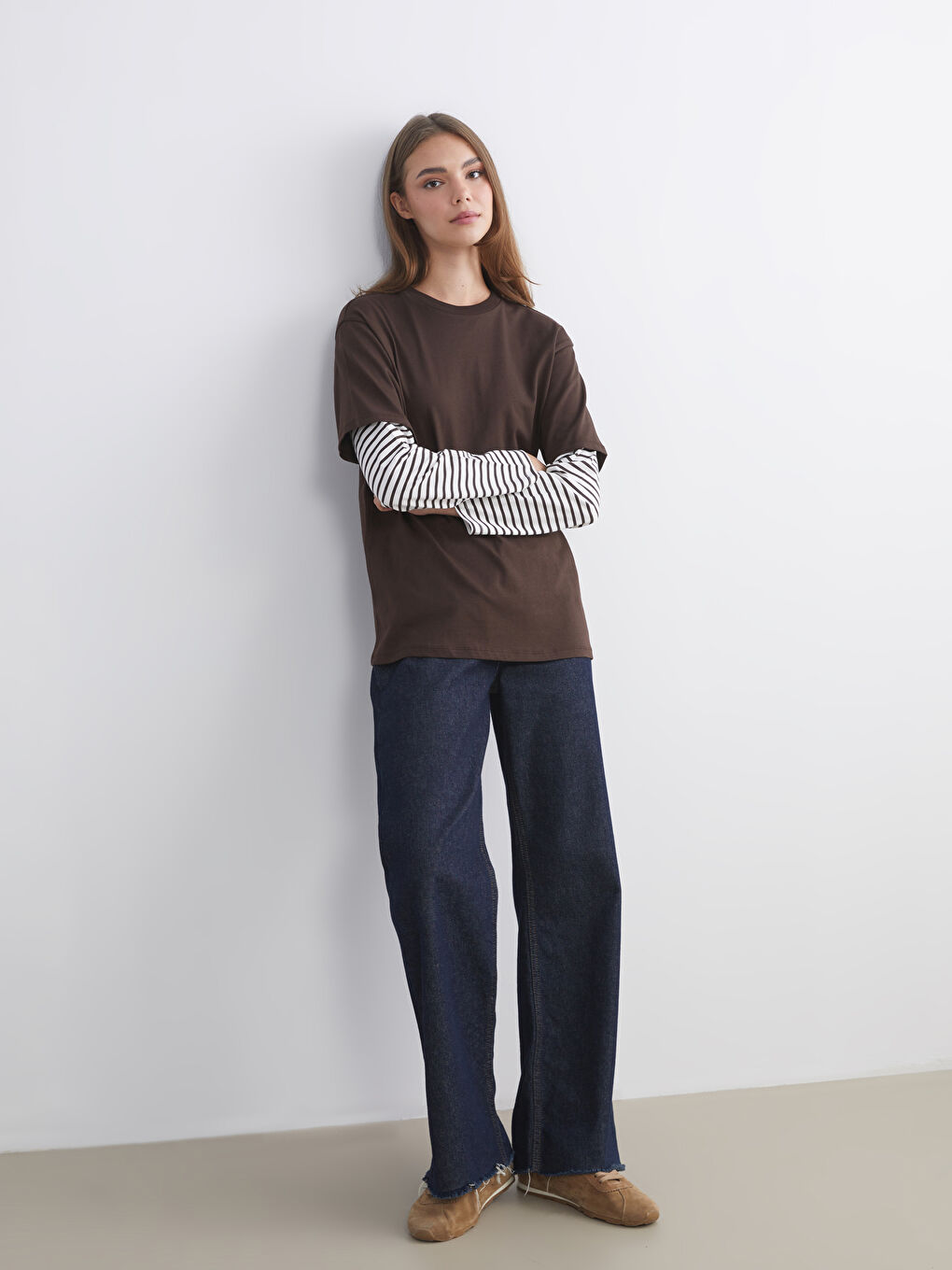 Kahverengi Bisiklet Yaka Çizgili Kadın Tunik