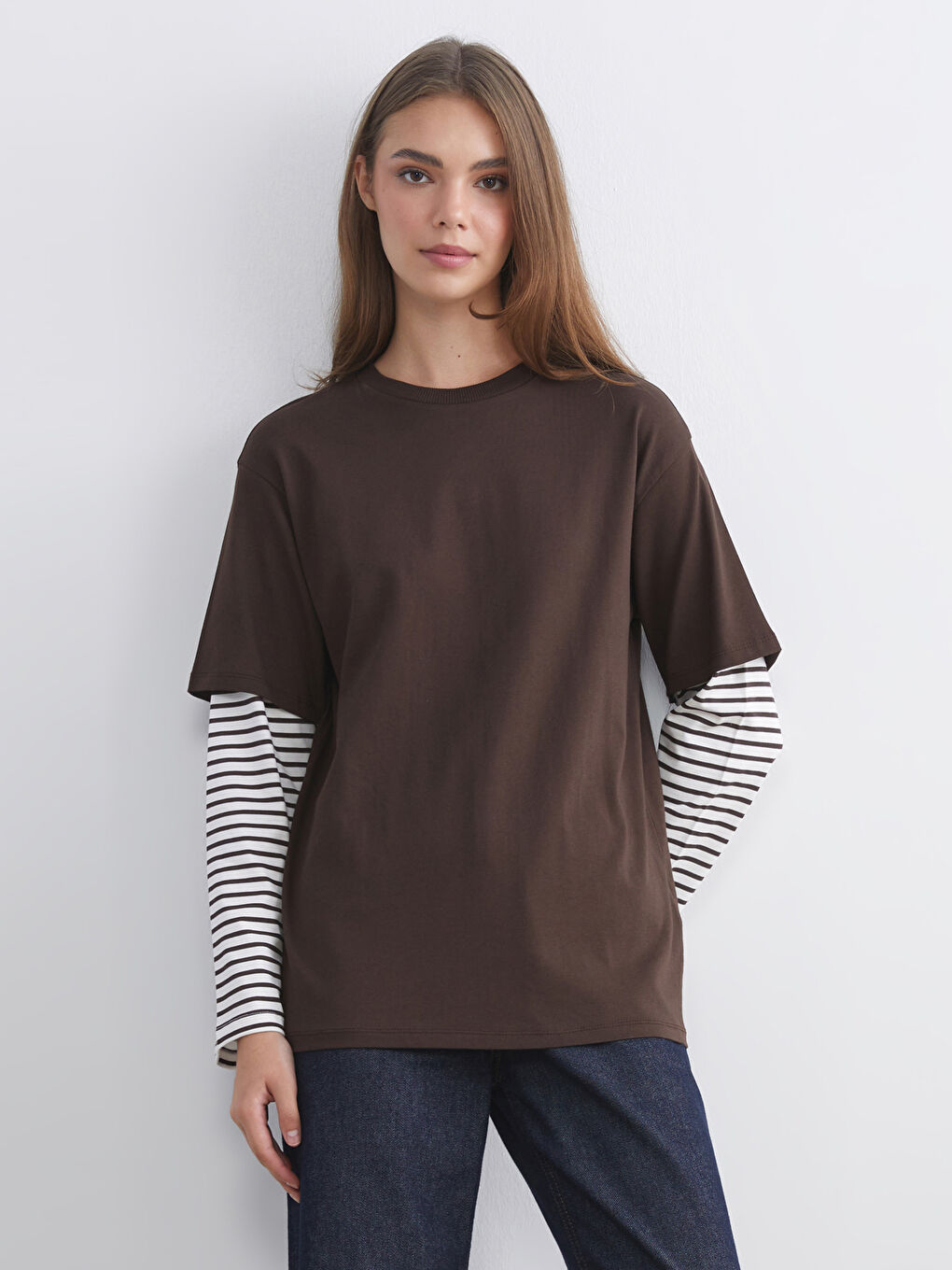 Kahverengi Bisiklet Yaka Çizgili Kadın Tunik-1