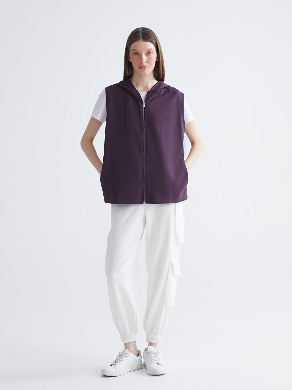 Mürdüm Kapüşonlu Kadın Yelek-1