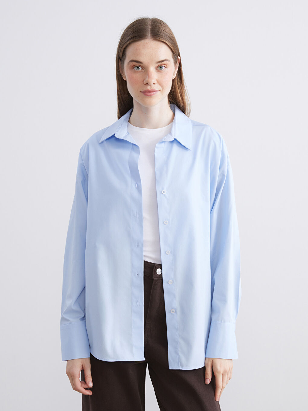 Mavi Oversize Poplin Kadın Gömlek-2