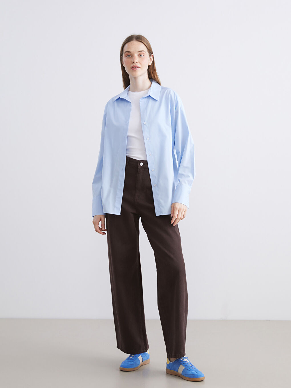 Mavi Oversize Poplin Kadın Gömlek-3