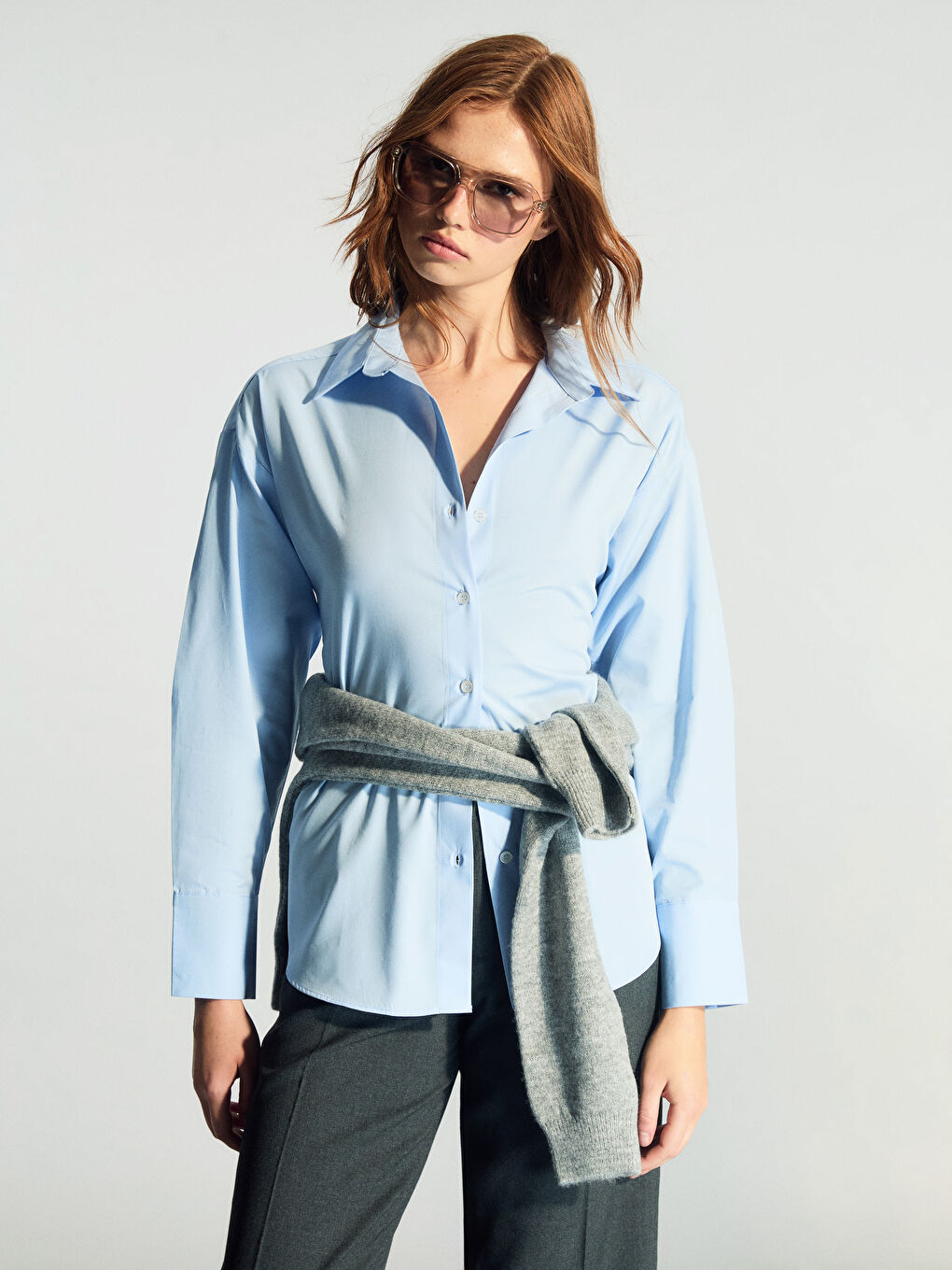 Mavi Oversize Poplin Kadın Gömlek-1