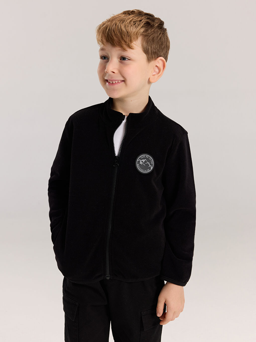 Siyah Kolej Yaka Basic Uzun Kollu Erkek Çocuk Fermuarlı Sweatshirt