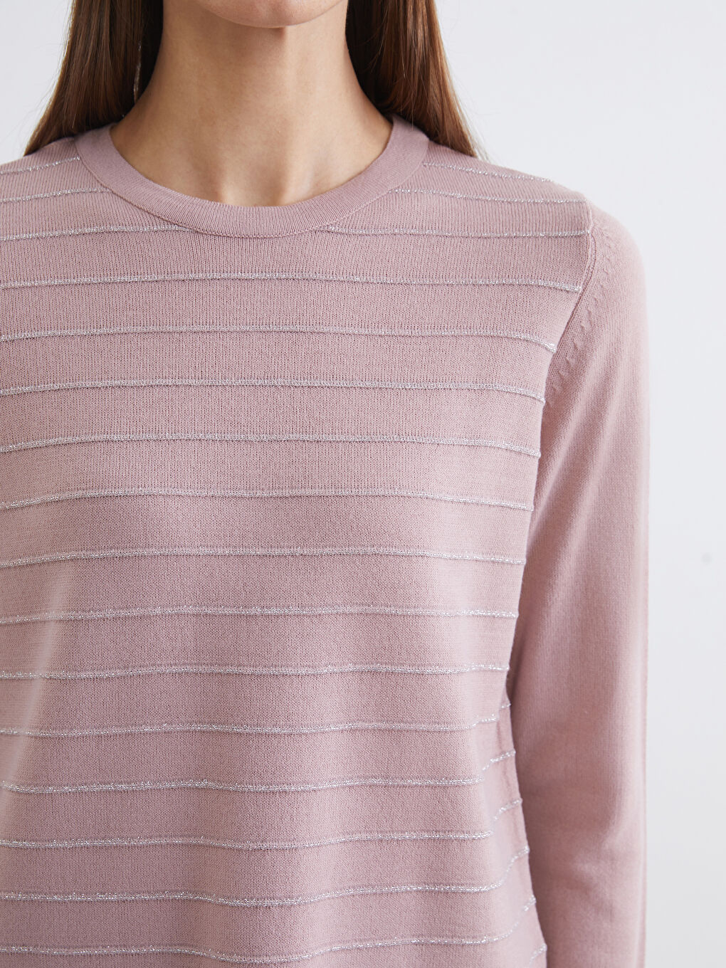 Пуловер с кръгло деколте и райе за жени от трико-2