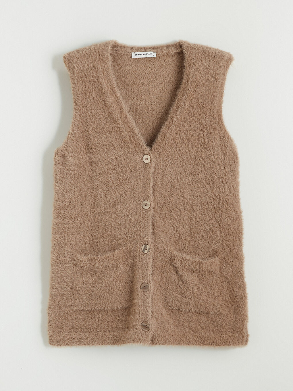 Kahverengi Büyük Beden V Yaka Kadın Pelüş Yelek-4