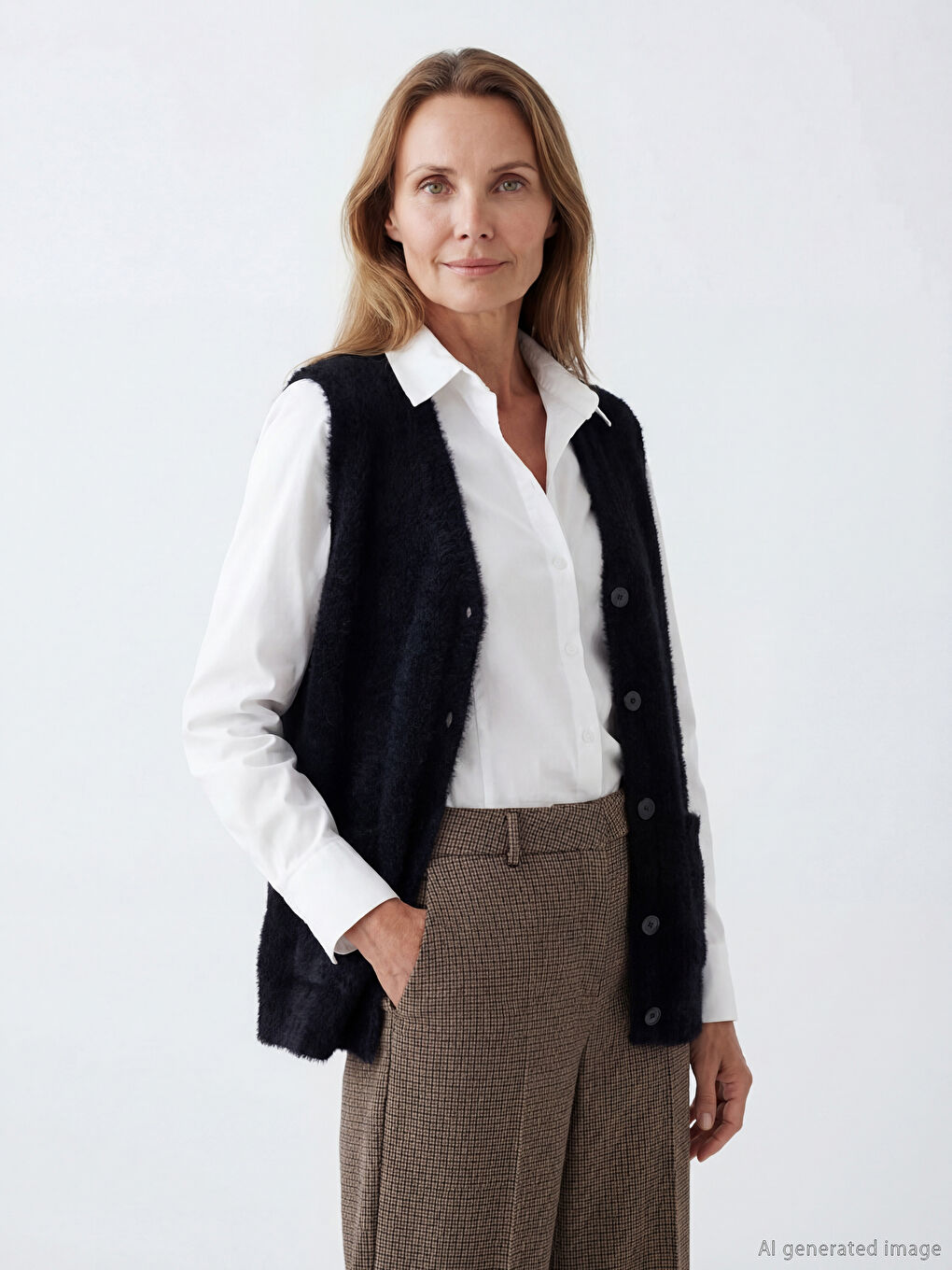 Siyah Büyük Beden V Yaka Kadın Pelüş Yelek