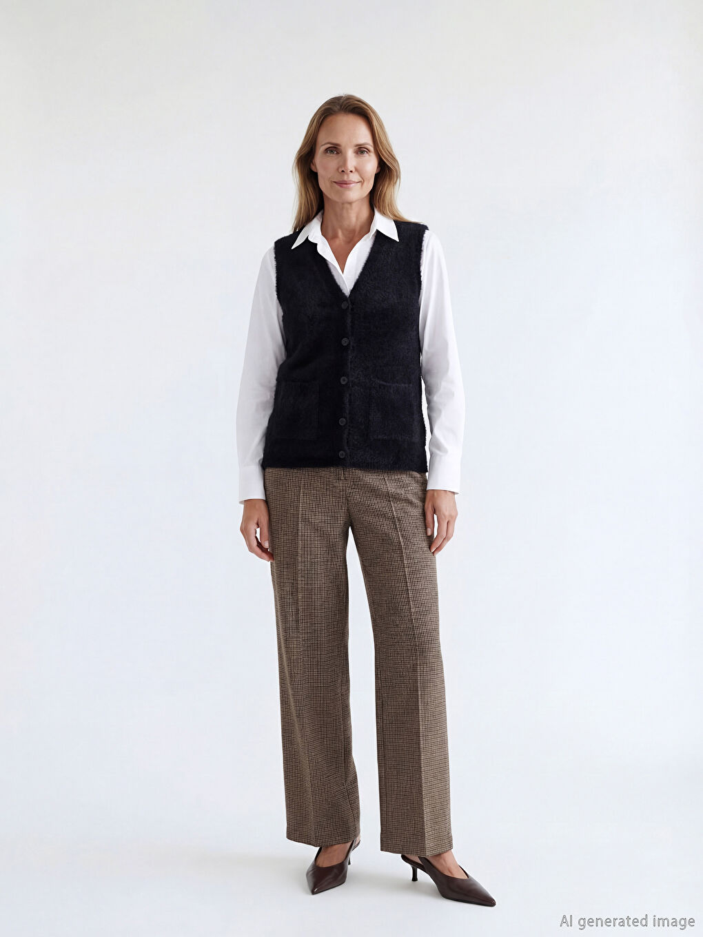 Siyah Büyük Beden V Yaka Kadın Pelüş Yelek-1