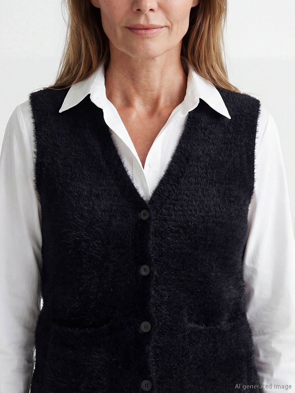 Siyah Büyük Beden V Yaka Kadın Pelüş Yelek-4