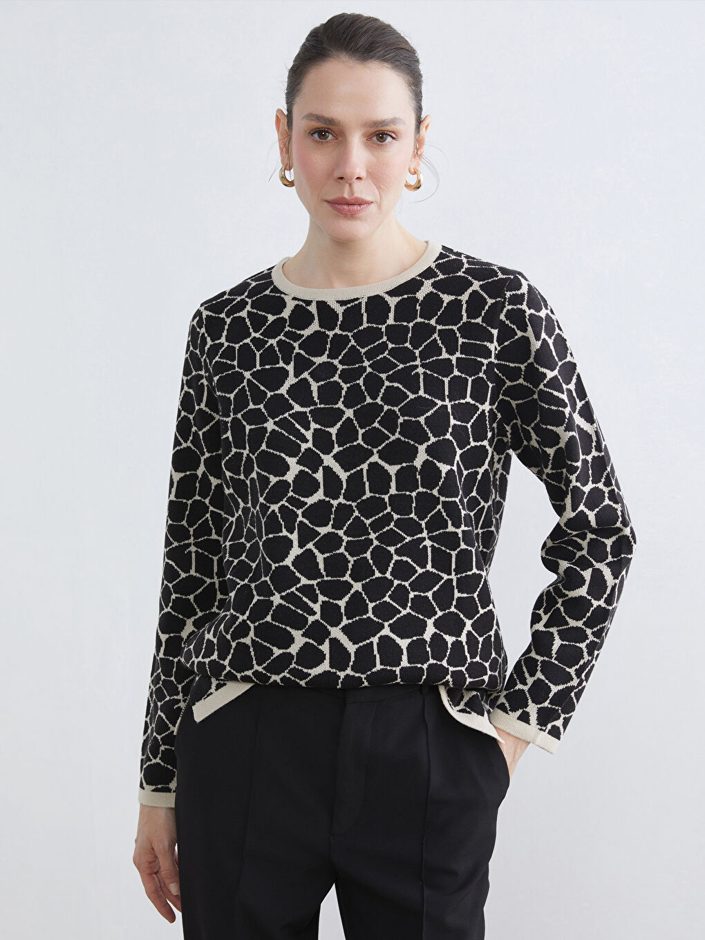 მრგვალი საყელო ნიმუშიანი ქალებისთვის ტრიკოტაჟის სვიტერი