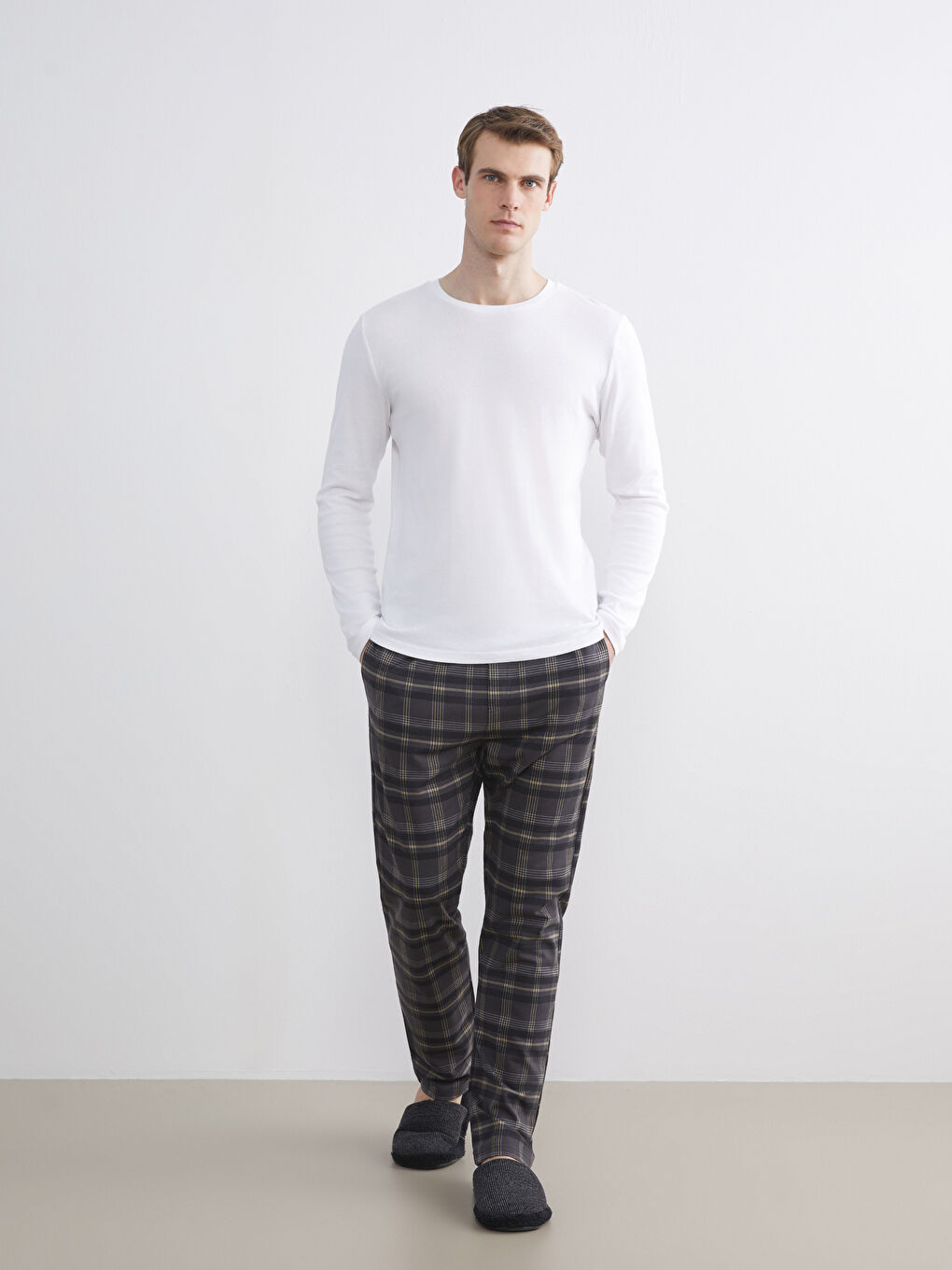 Gri Standart Kalıp Ekose Erkek Pijama Alt