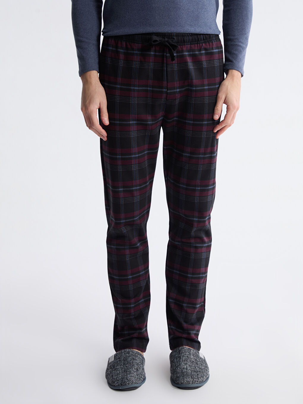 Bordo Standart Kalıp Ekose Erkek Pijama Alt-1