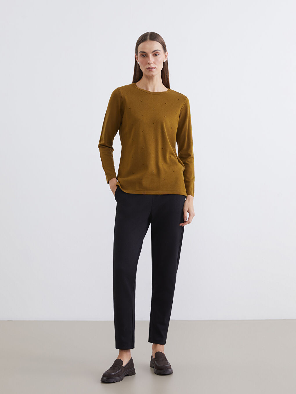 Yeşil Bisiklet Yaka Kendinden Desenli Kadın Triko Kazak-1