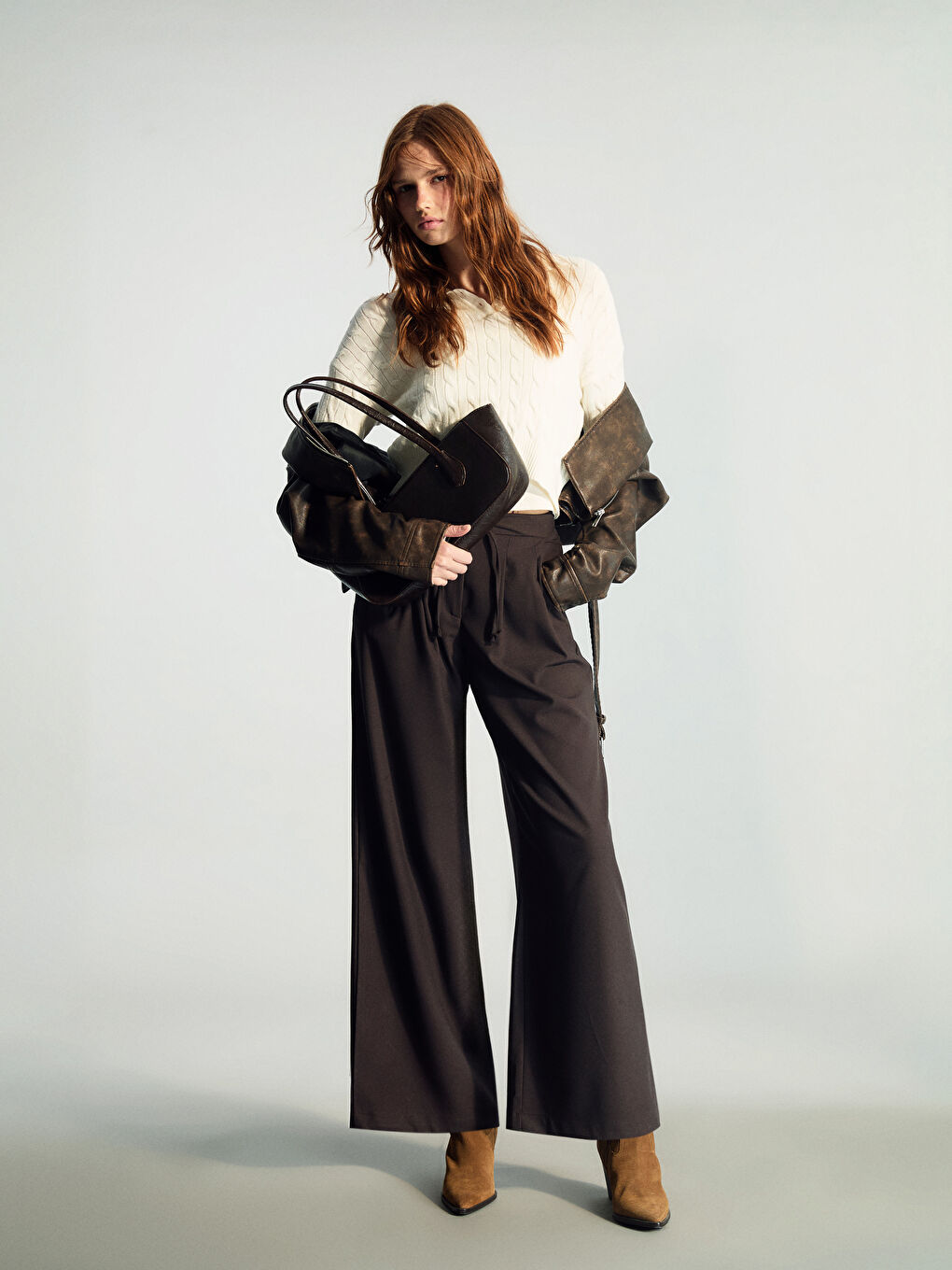 Kahverengi Loose Fit Geniş Paça Kadın Pileli Pantolon-1