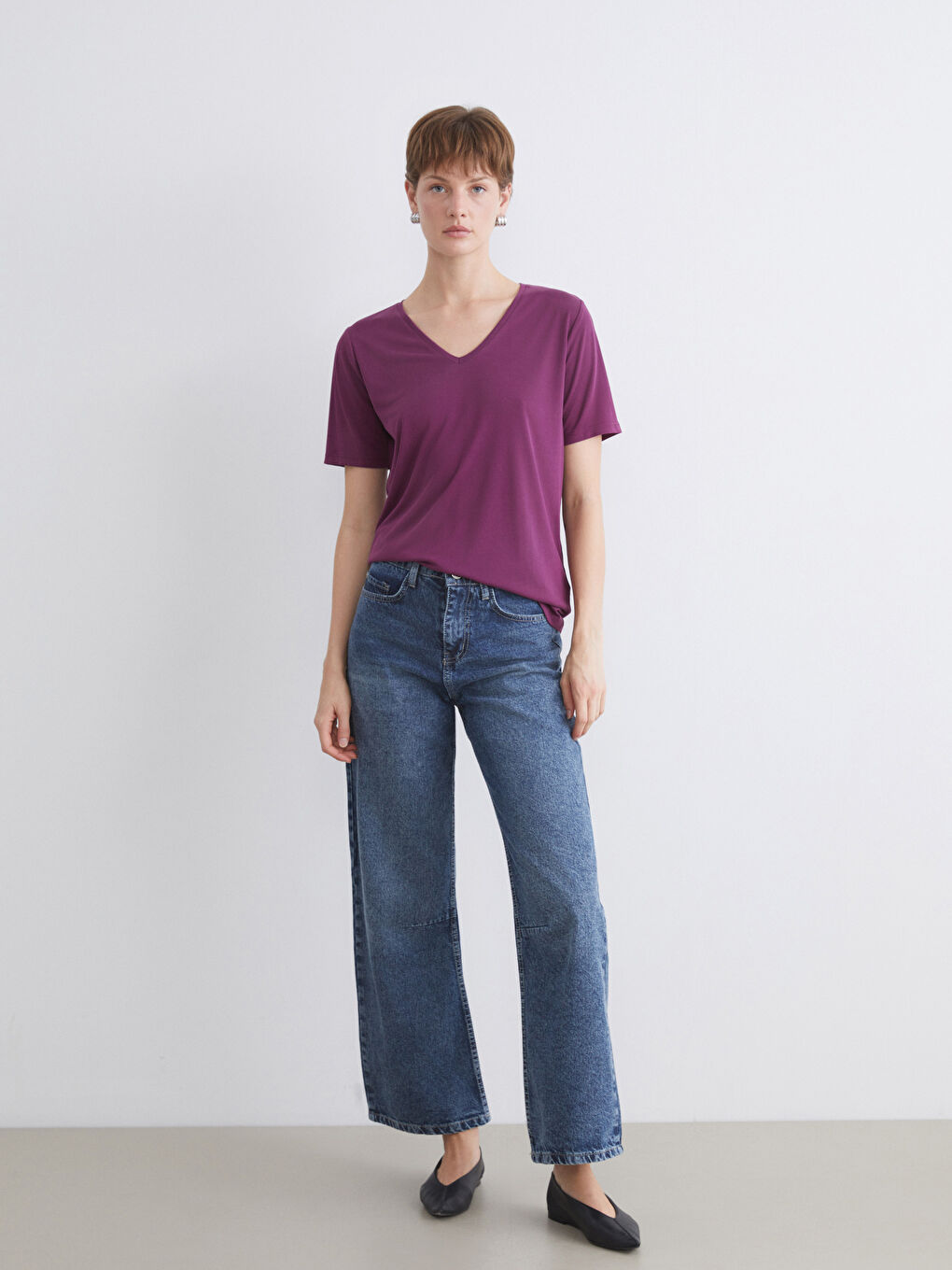 Mor V Yaka Modal Karışımlı Kadın Tişört-2