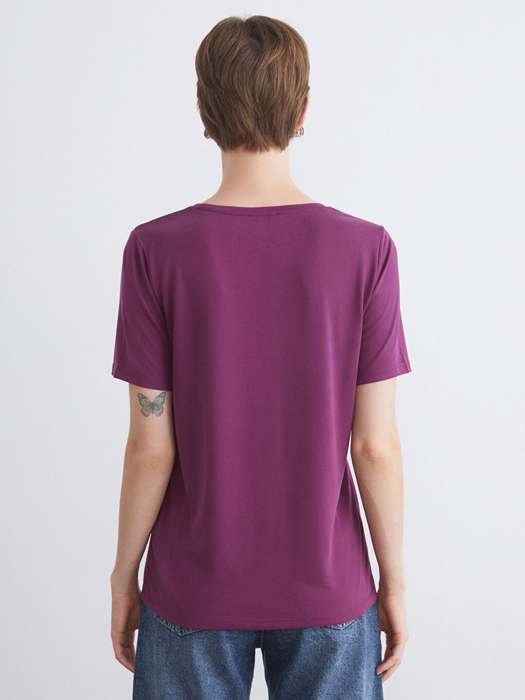 Mor V Yaka Modal Karışımlı Kadın Tişört-4