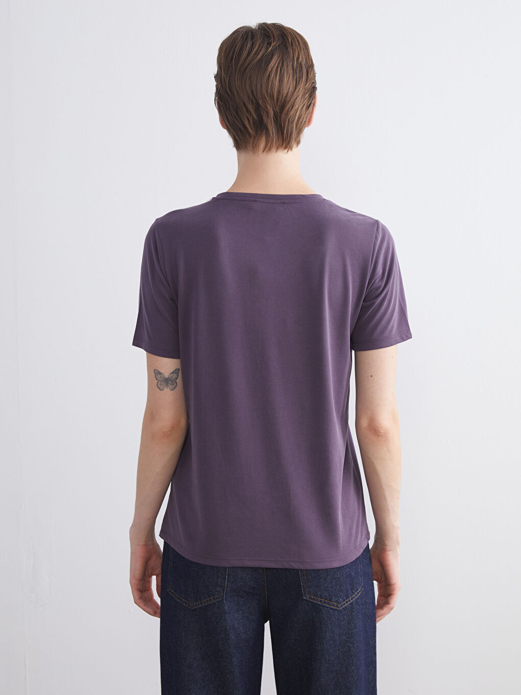 Mürdüm V Yaka Modal Karışımlı Kadın Tişört-5