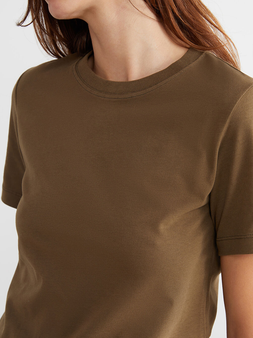 Haki Bisiklet Yaka Kadın Tişört-2
