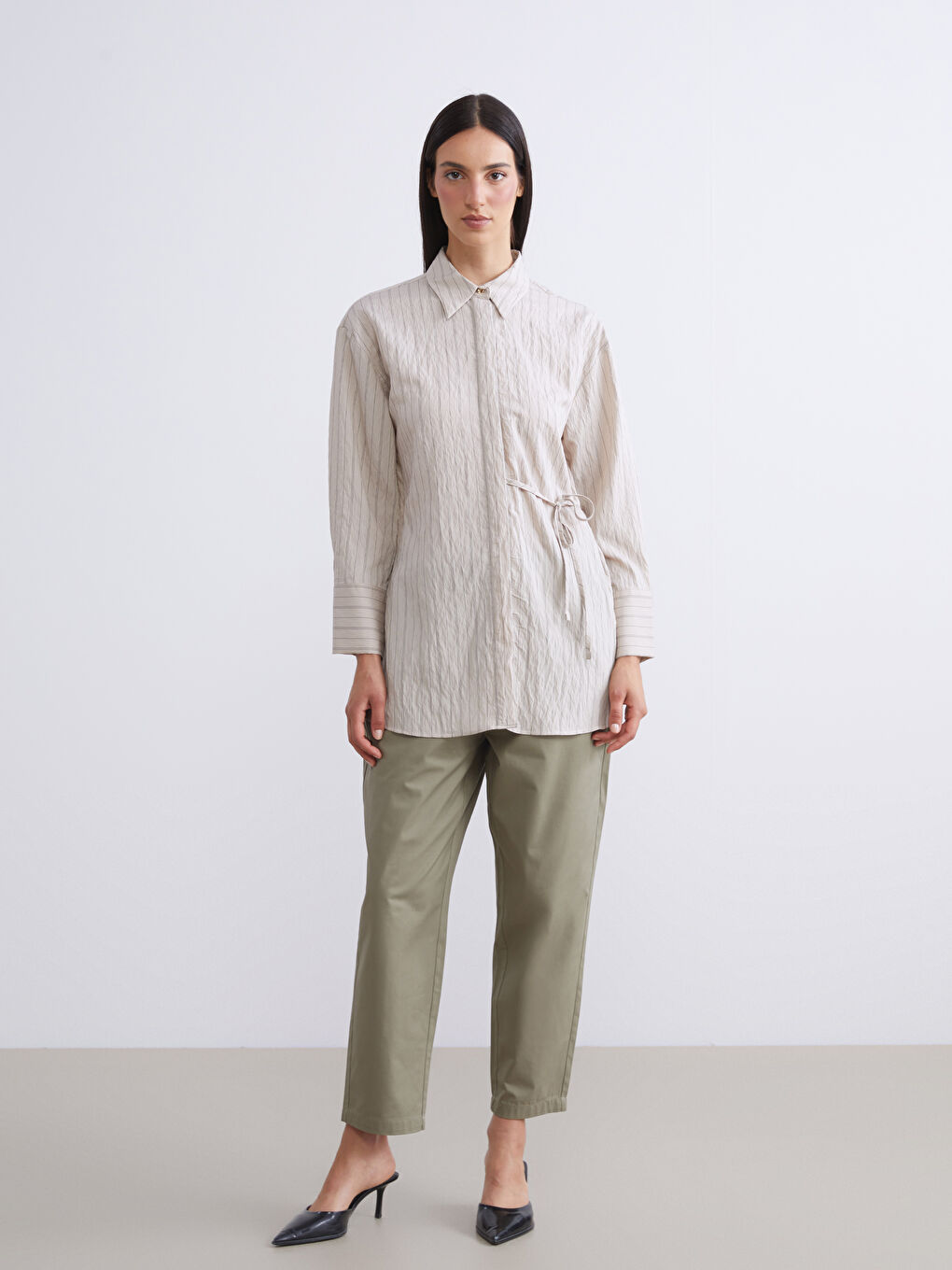 Bej Çizgili Modal Karışımlı Kadın Gömlek Tunik-1