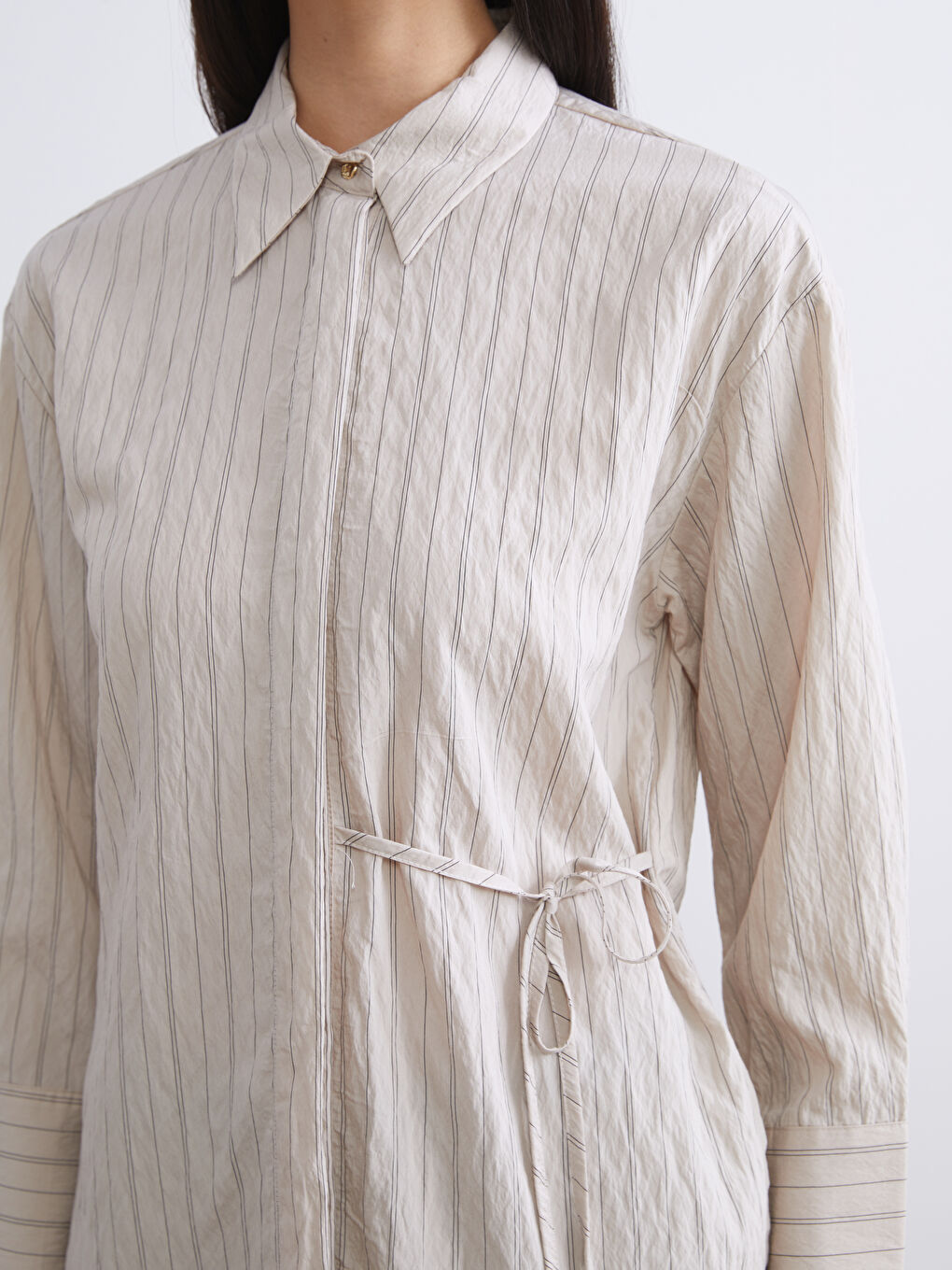 Bej Çizgili Modal Karışımlı Kadın Gömlek Tunik-2