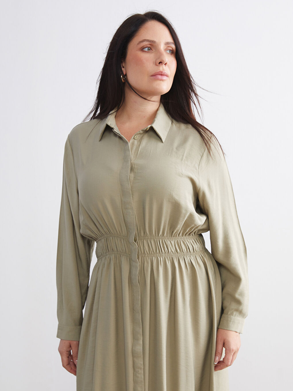 Yeşil Büyük Beden Dokulu Belden Oturtmalı Gömlek Elbise-9