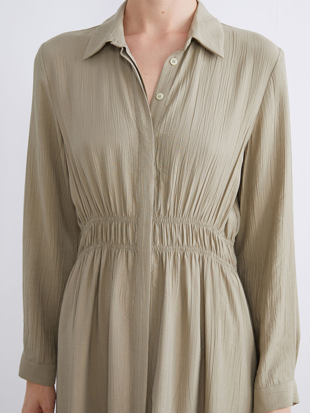 Yeşil Büyük Beden Dokulu Belden Oturtmalı Gömlek Elbise-6