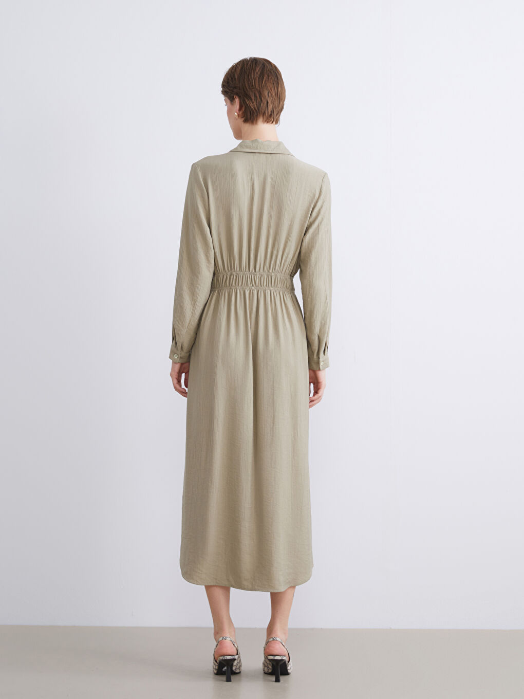 Yeşil Büyük Beden Dokulu Belden Oturtmalı Gömlek Elbise-8