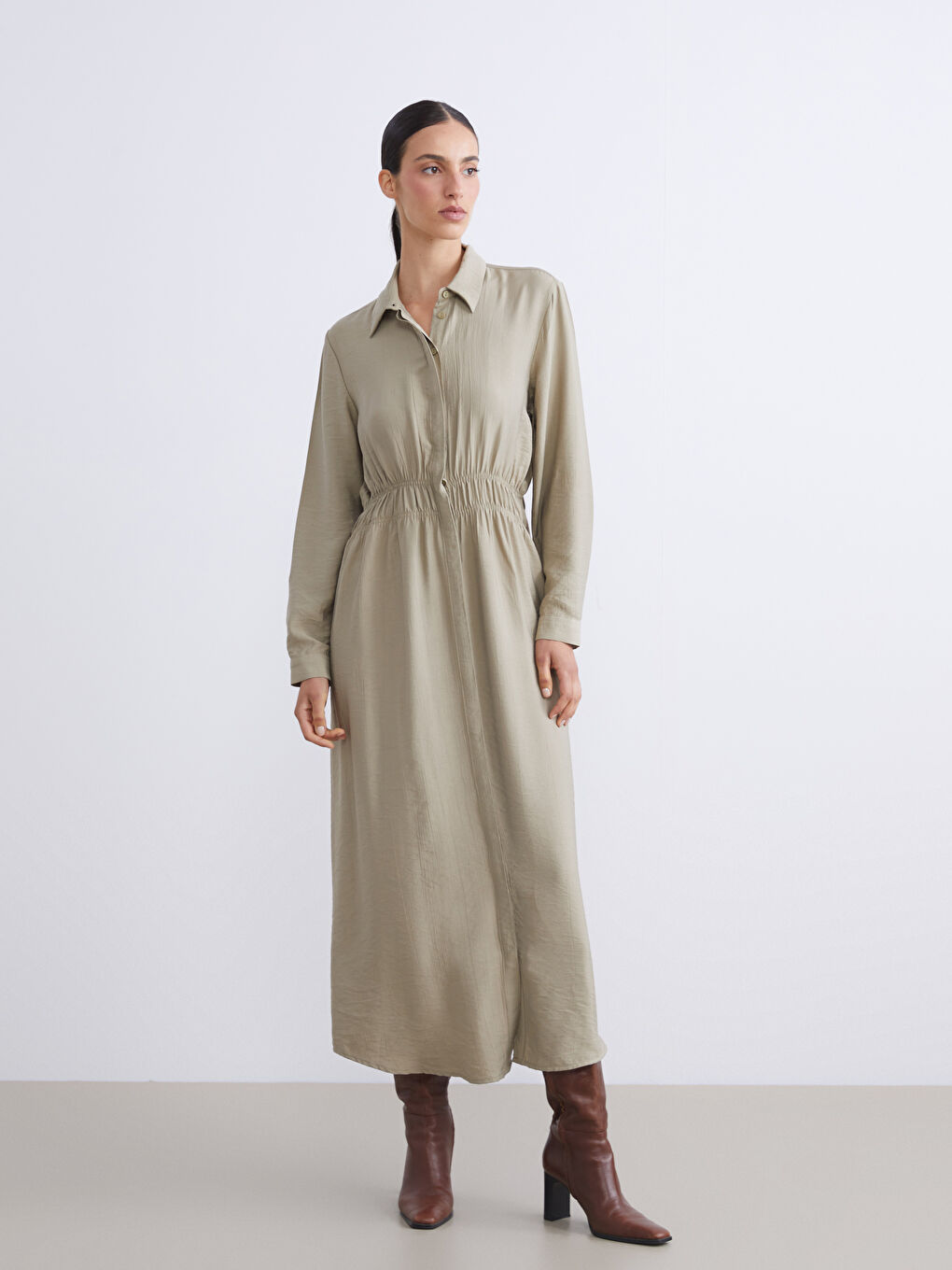 Yeşil Büyük Beden Dokulu Belden Oturtmalı Gömlek Elbise-1