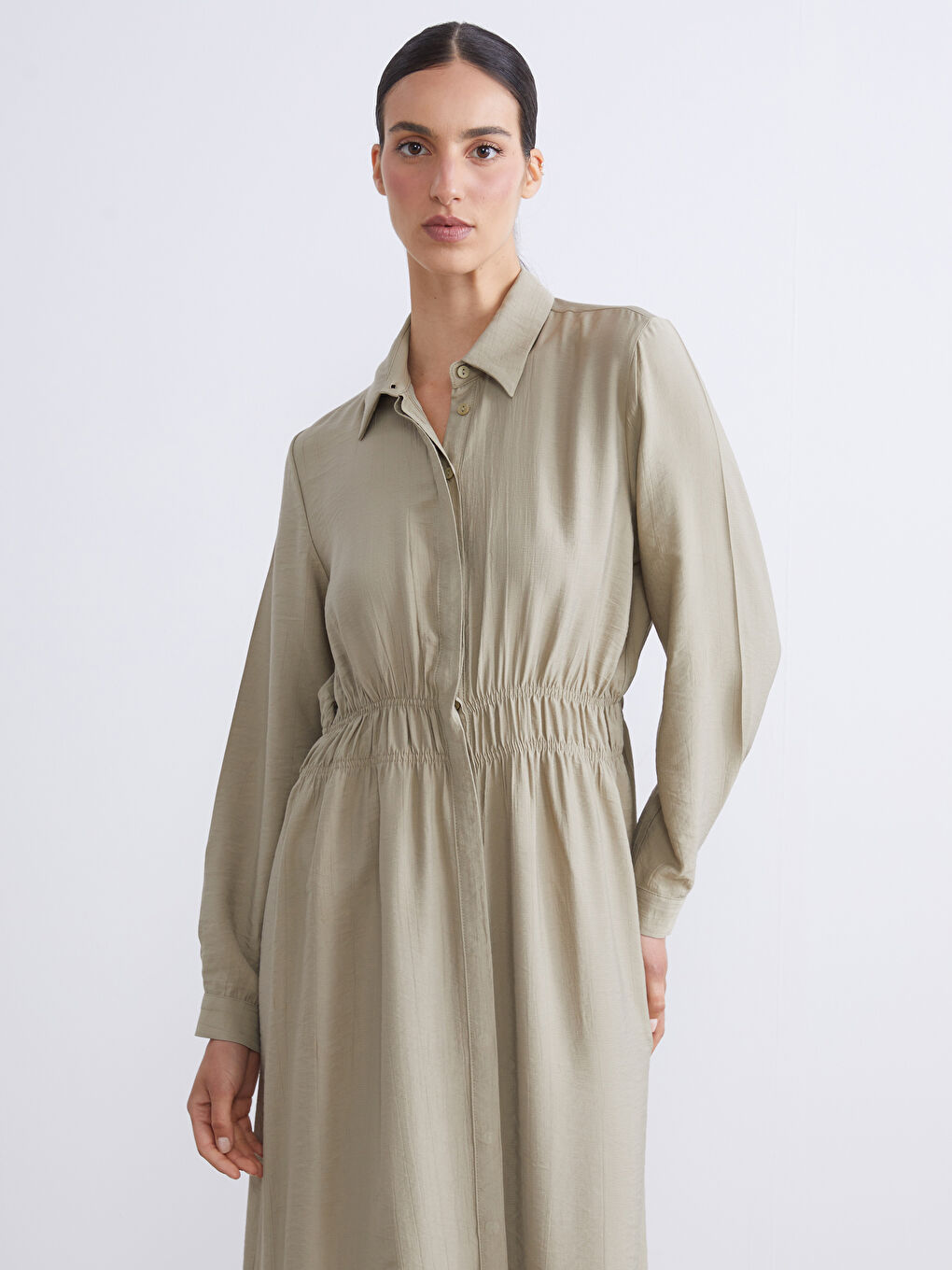 Yeşil Büyük Beden Dokulu Belden Oturtmalı Gömlek Elbise-3