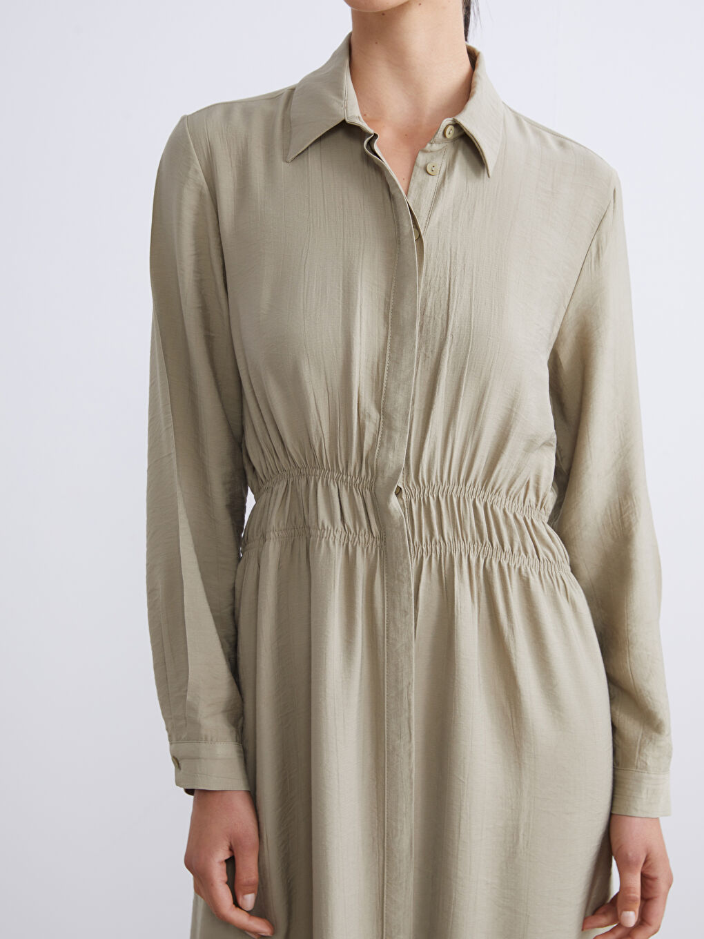 Yeşil Büyük Beden Dokulu Belden Oturtmalı Gömlek Elbise-5