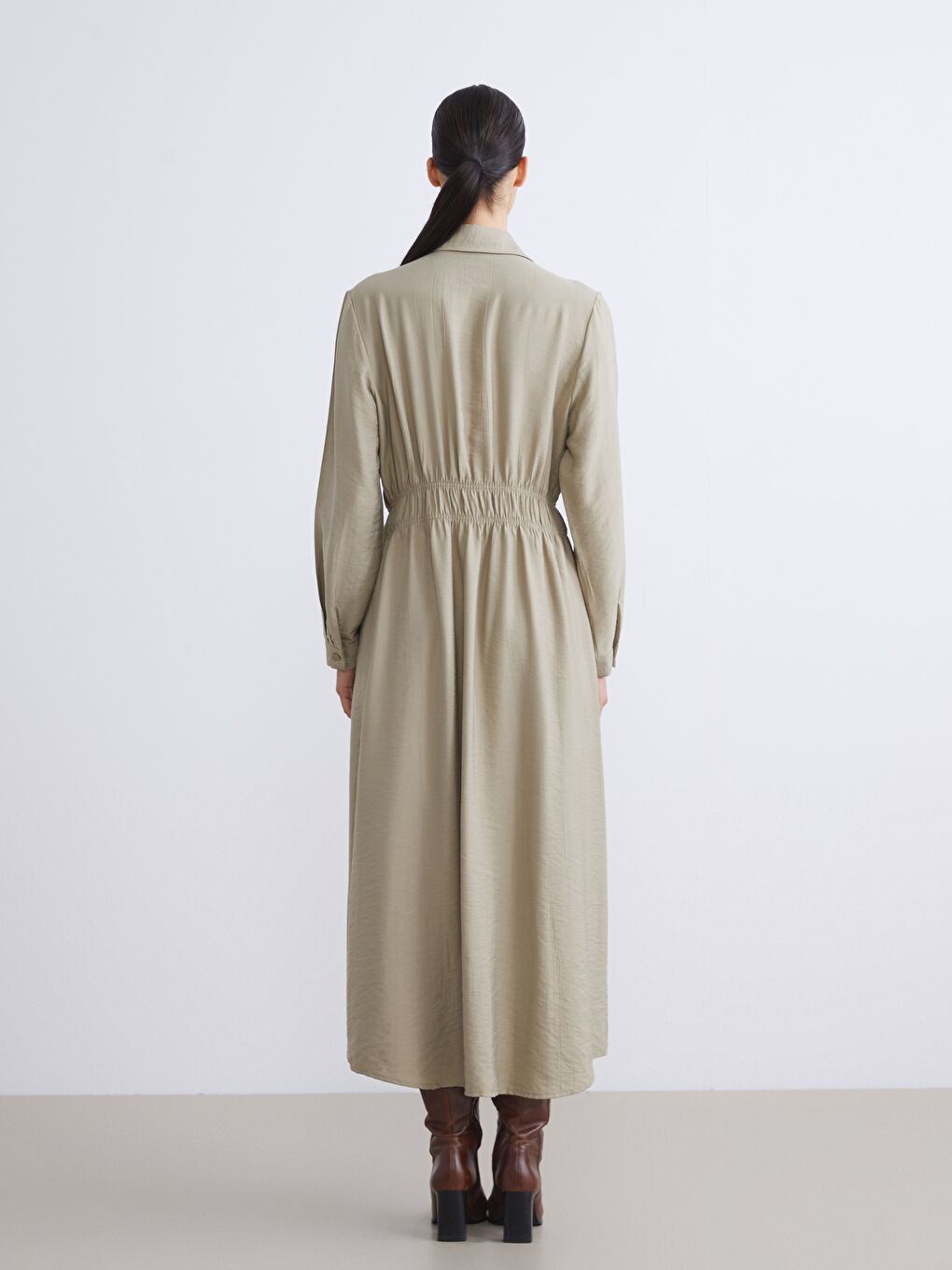 Yeşil Büyük Beden Dokulu Belden Oturtmalı Gömlek Elbise-7