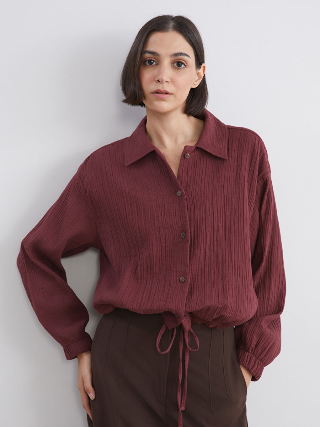 Bordo Oversize Müslin Kadın Gömlek
