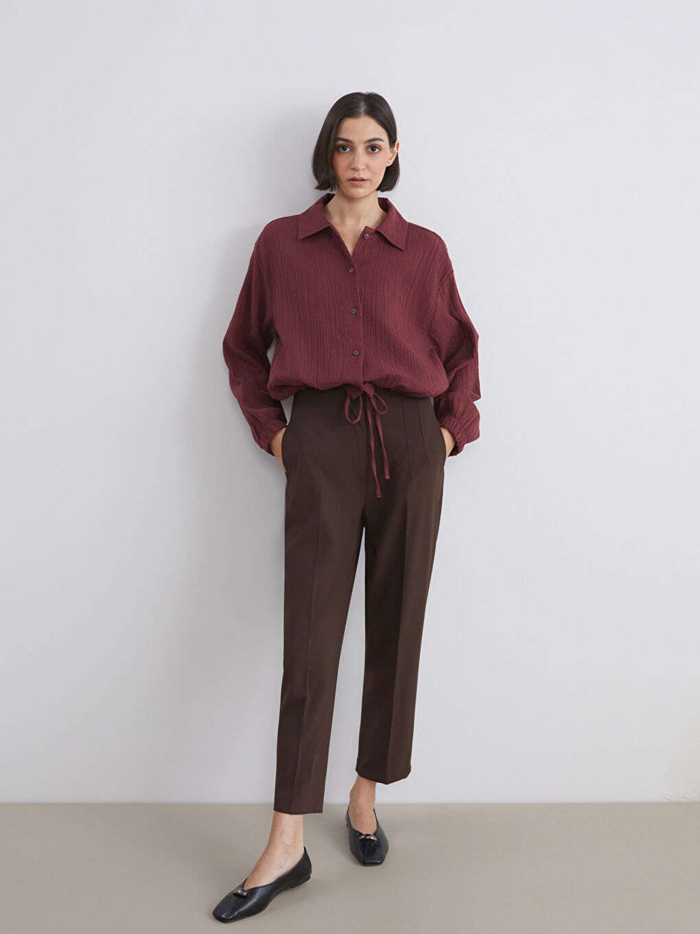 Bordo Oversize Müslin Kadın Gömlek-1