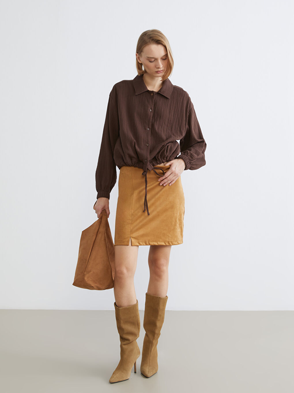 Kahverengi Oversize Müslin Kadın Gömlek-1